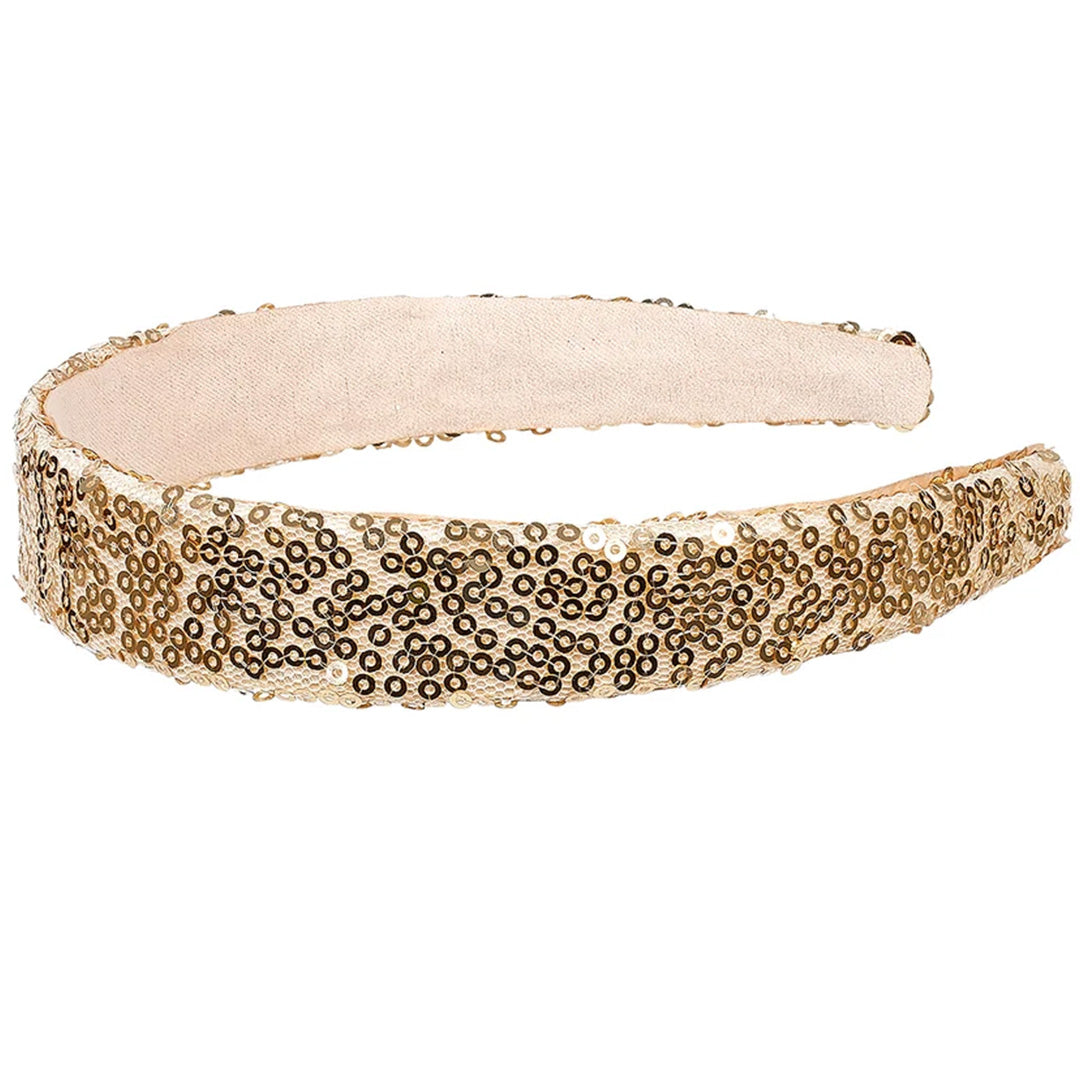 Souza for Kids diadeem Juul, een goudkleurige hoofdband voor kinderen, volledig bedekt met glimmende lovertjes.