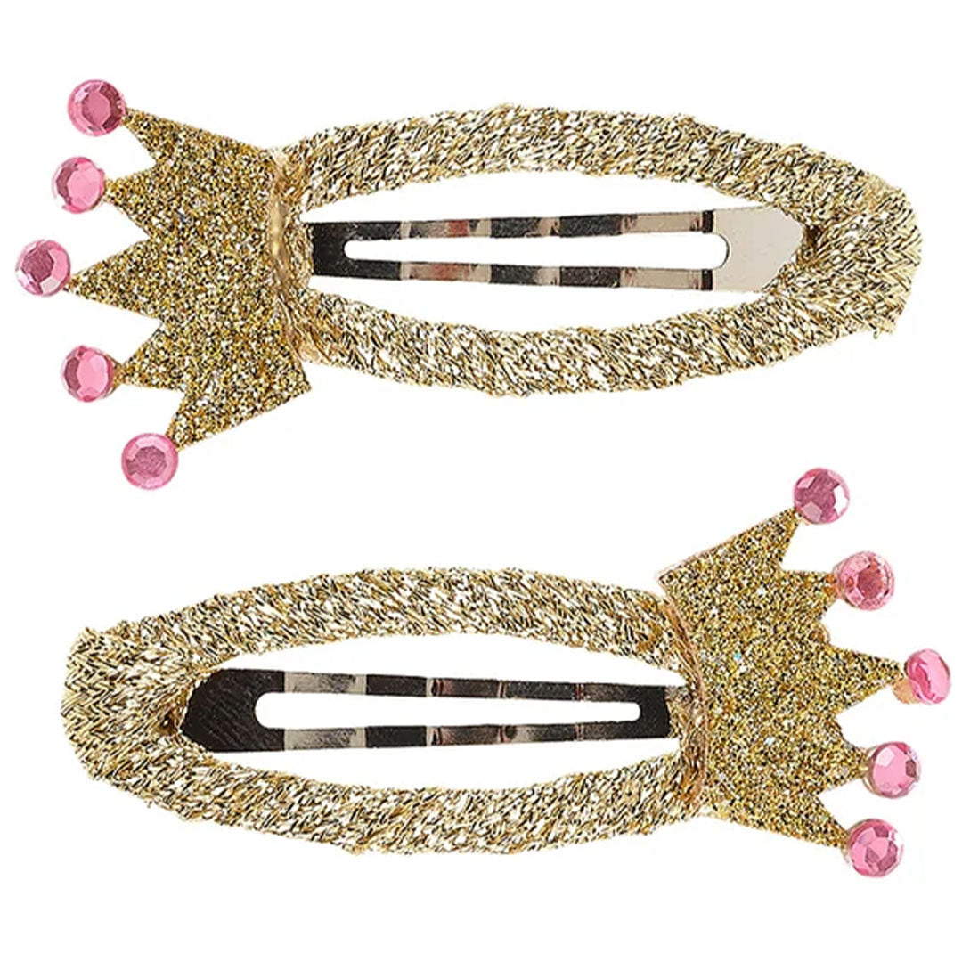 Souza for kids set van twee gouden glitter haarspeldjes in de vorm van een kroon met roze steentjes.