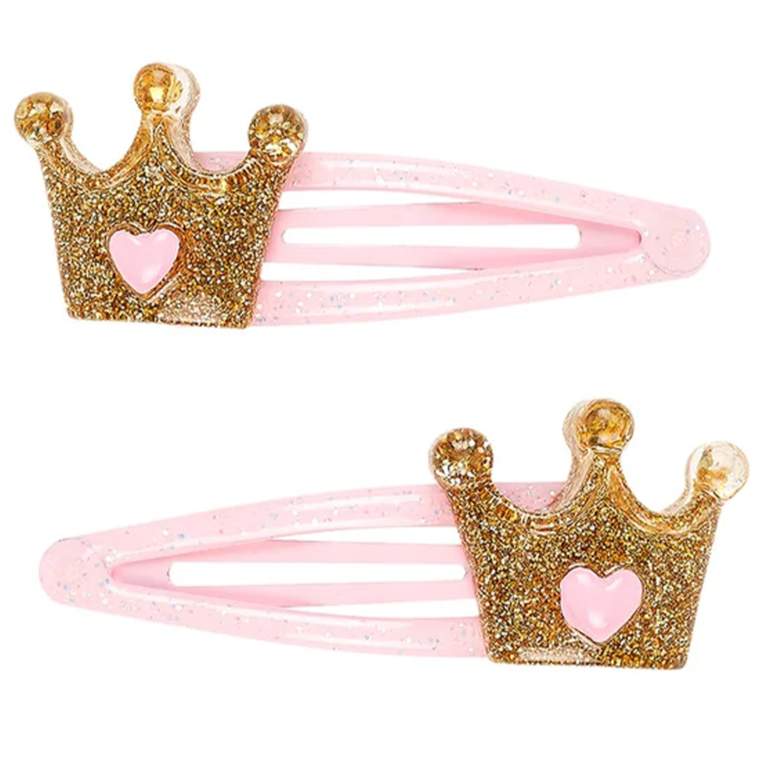 Twee roze souza for kids haarspeldjes voor kinderen met gouden glitterkronen en roze harten.