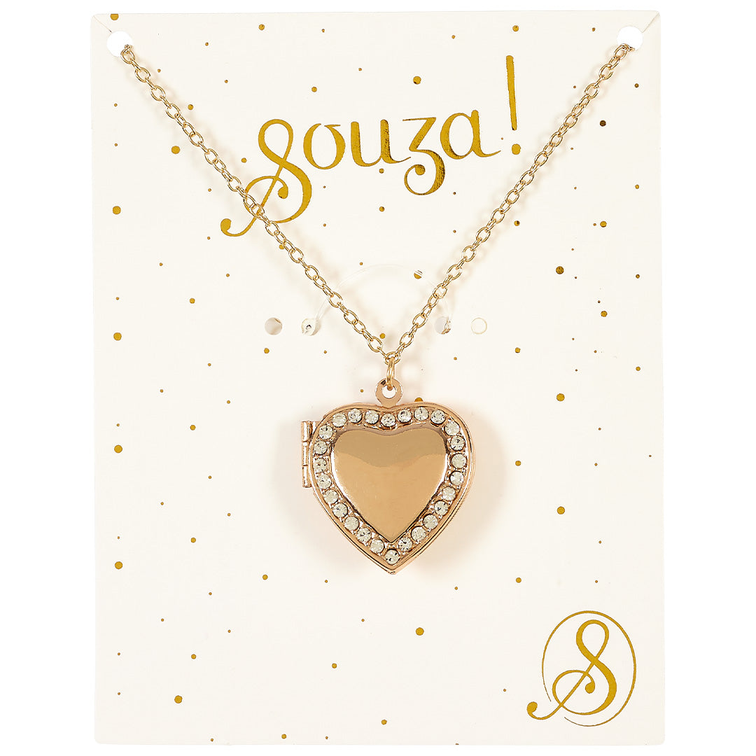 Souza for Kids gouden hartjesmedaillon ketting met strass-steentjes voor kinderen op de verpakking.
