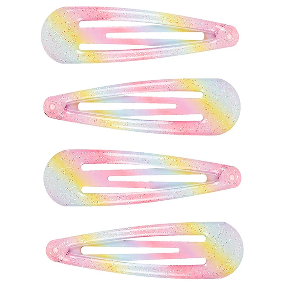 Vier Souza for Kids kinder haarspeldjes met regenboogpatroon en glitter.