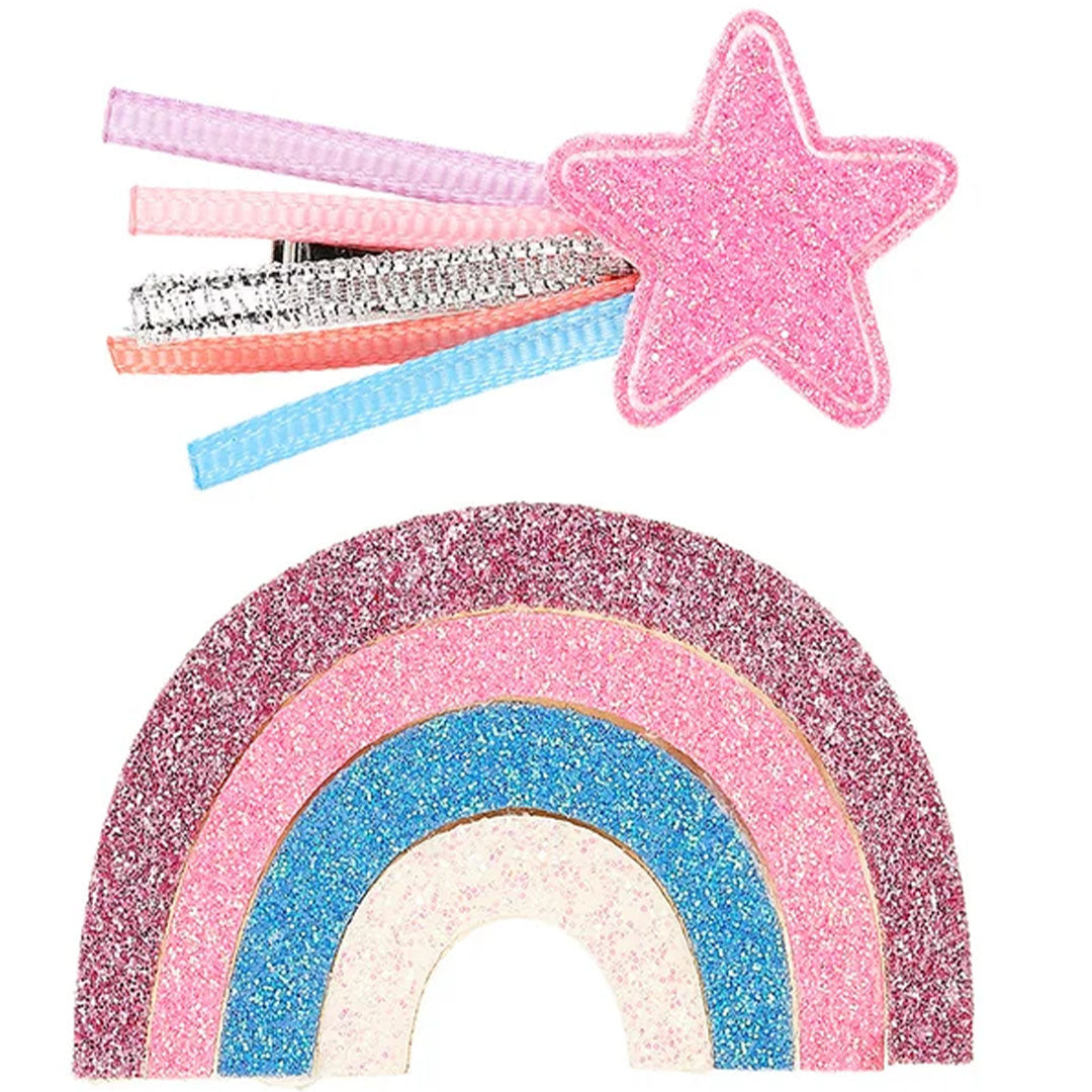 Souza for Kids haarspeldjes met een roze glitterster en een glitterregenboog.