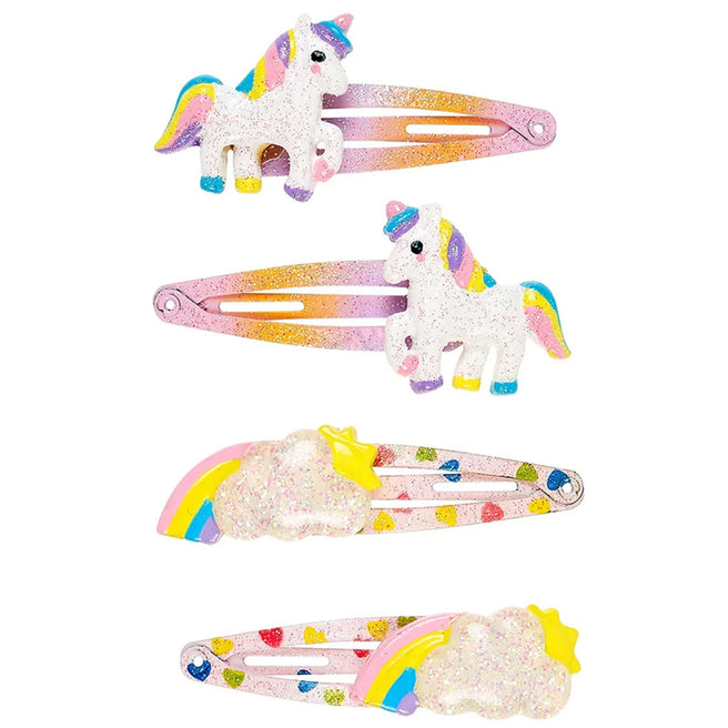 Souza for kids haarspeldjes, een set van vier roze glitter haarspeldjes met eenhoorns, wolken en regenbogen.