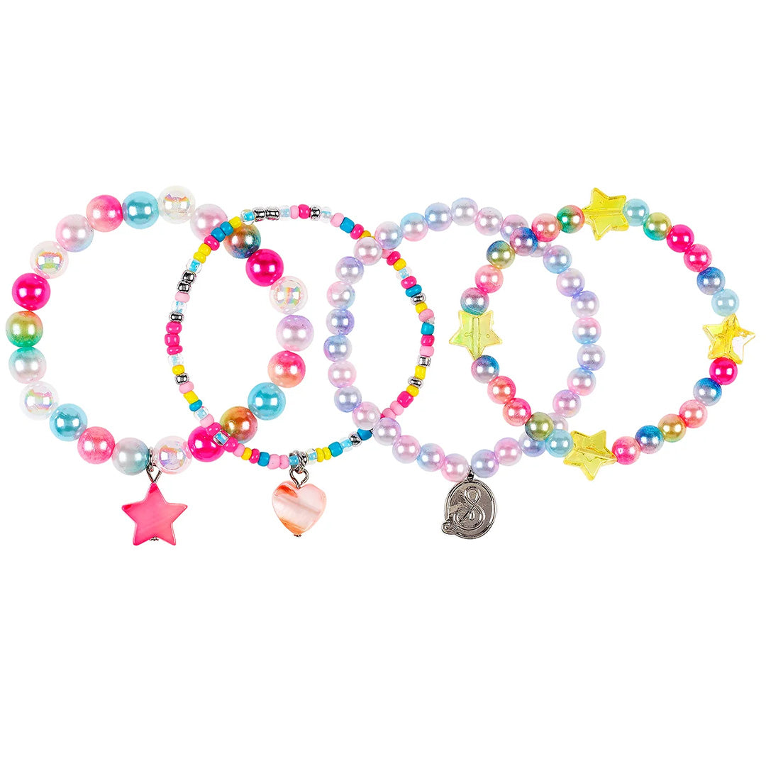 Souza for kids sieradenset met vier kleurrijke kinderarmbanden met kralen, sterren en hartjes.