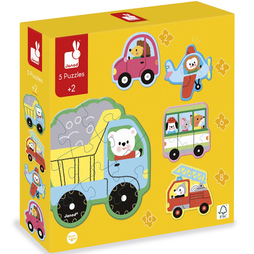 janod puzzel 5 formaten - voertuigen - 2,4,6,8,10 st | 11.2489 | 6
