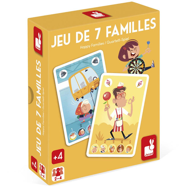 Janod kwartet familie kaartspel verpakking met illustraties van speelkaarten.