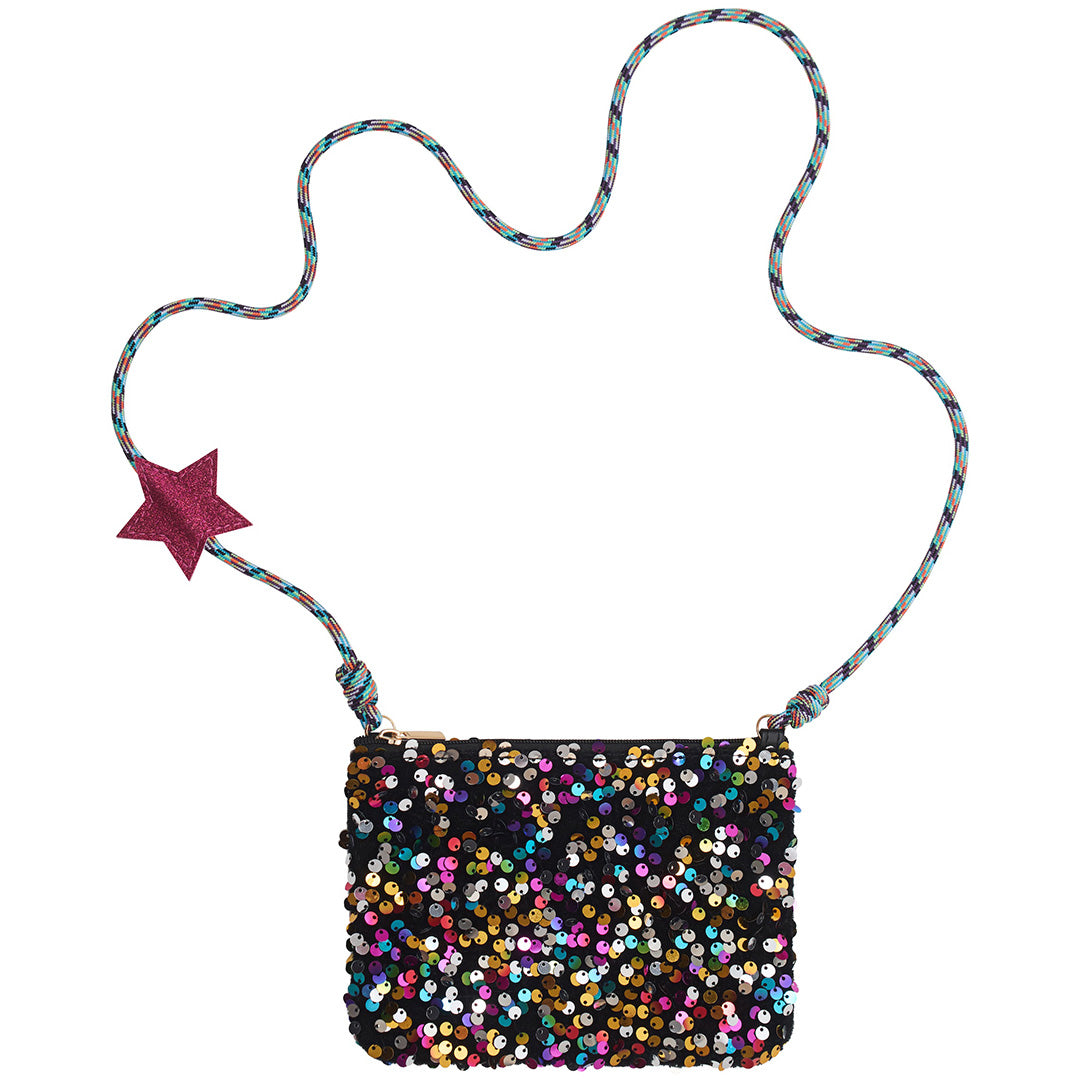 Mimi & Lula kinder crossbodytasje met veelkleurige pailletten en een roze glitterster aan de schouderband.