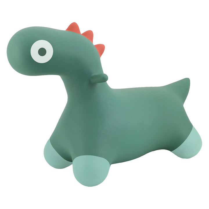 Quut groen opblaasbaar skippydier in de vorm van een dinosaurus met rode stekels.