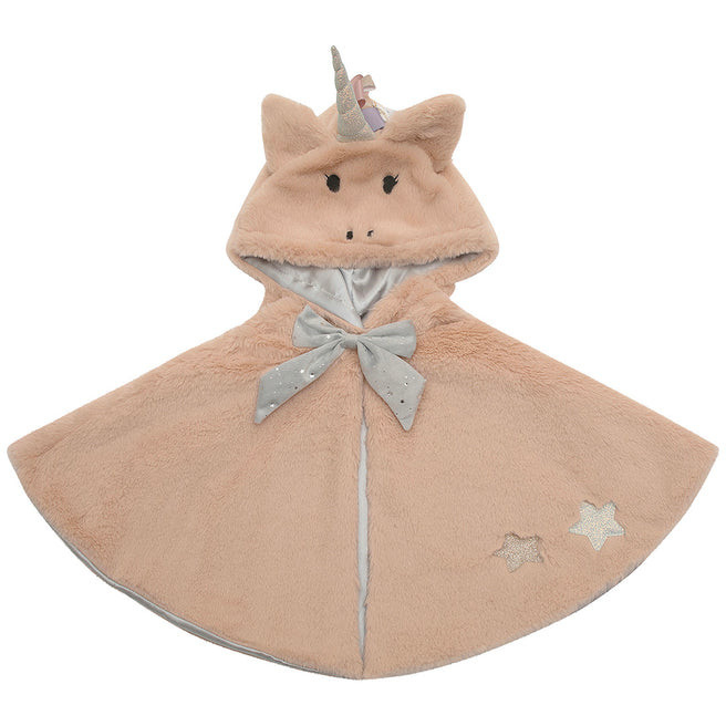 Mimi & Lula beige eenhoorn verkleedcape met zilveren strik en sterren, plat gefotografeerd.