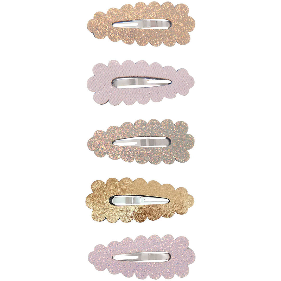 Vijf mimi & lula mini scalloped haarclipjes in verschillende pastelkleuren op een witte achtergrond.
