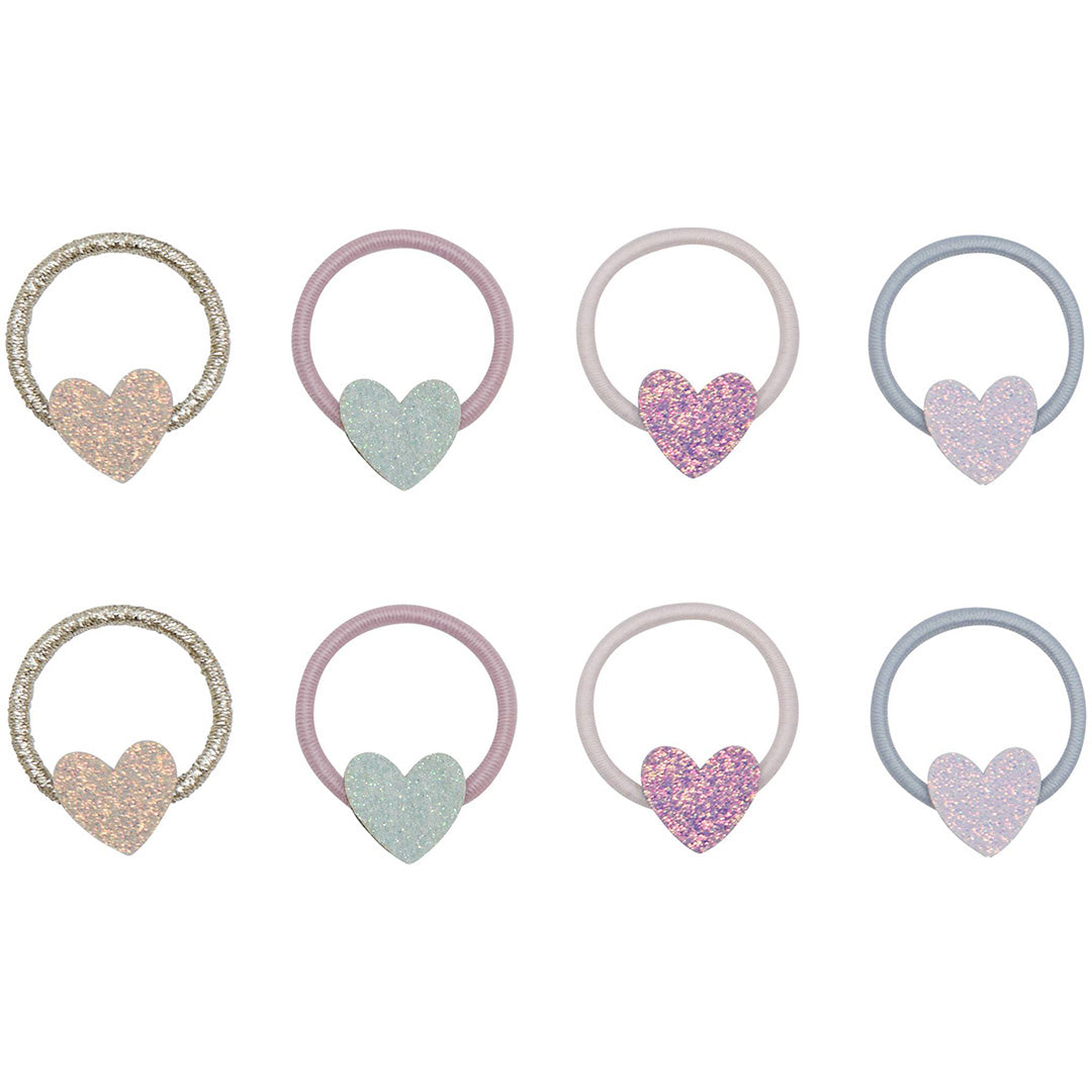 Mimi & Lula haarelastiekjes voor kinderen met glitterharten in verschillende pastelkleuren.