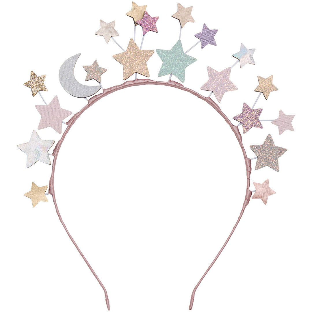 mimi & lula hoofdband met veelkleurige glittersterren en een zilveren maan.