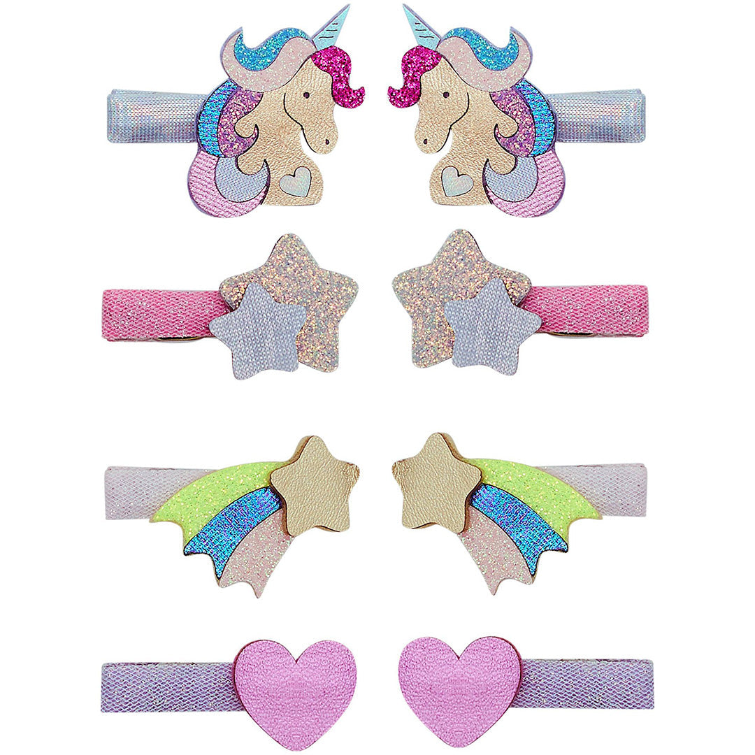 Een set van 8 mimi & lula haarclipjes voor kinderen met eenhoorns, sterren en harten in verschillende kleuren.