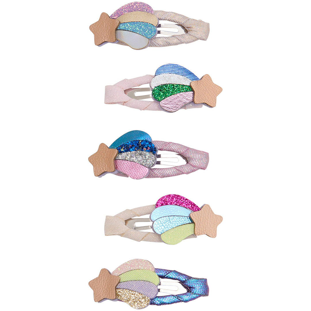 Vijf mimi & lula haarclipjes voor kinderen met sterren en regenboogmotieven.
