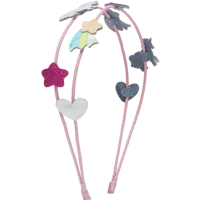 mimi & lula kinder hoofdband met roze banden en glitter eenhoorn, ster en hart versieringen.