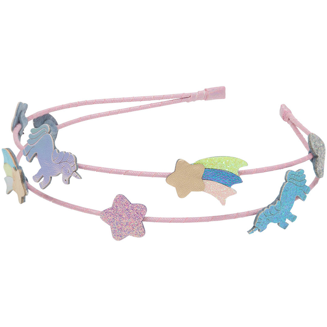 Roze kinder hoofdband met glitter eenhoorn, ster en vallende ster versieringen.