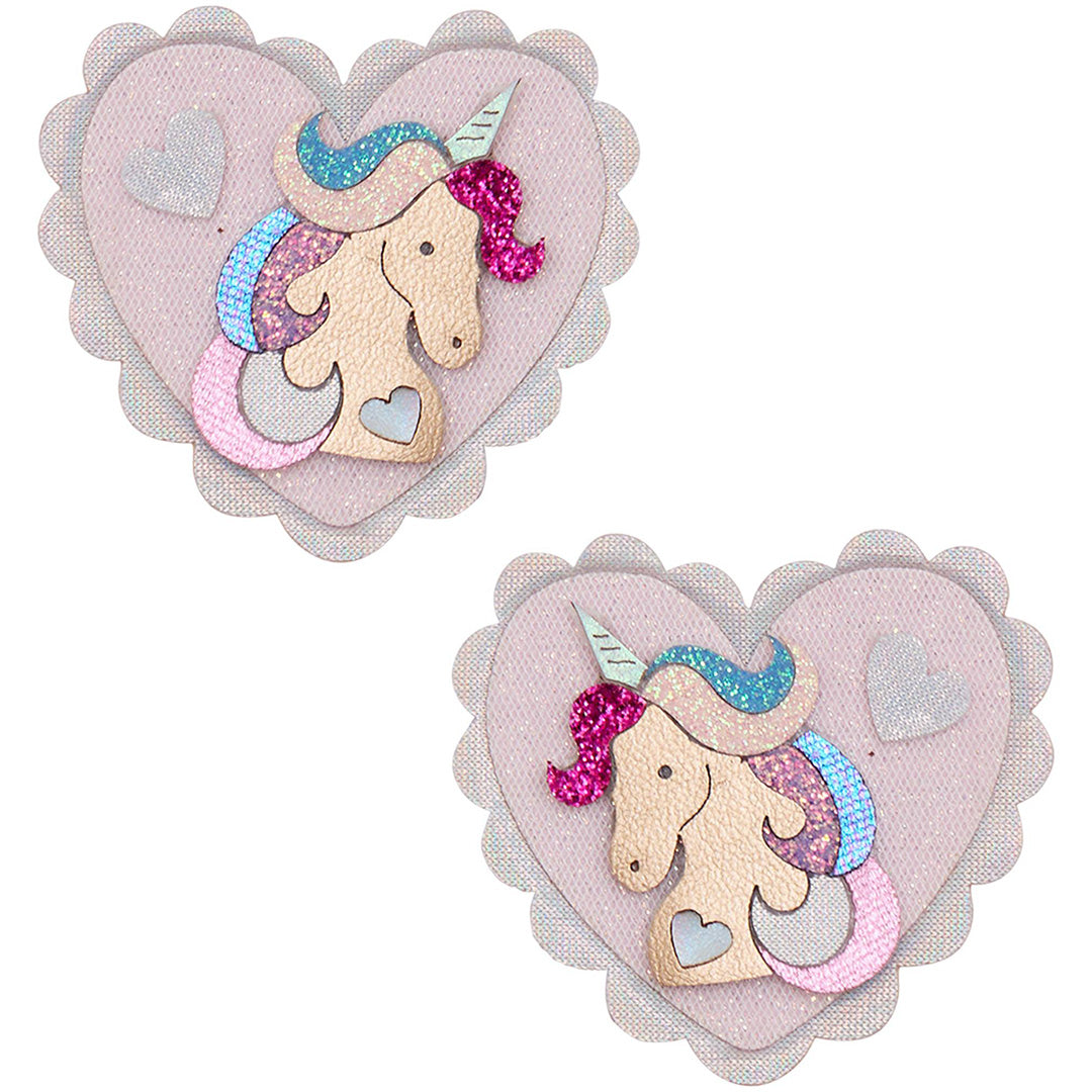 Mimi & Lula haarclipjes met twee roze hartjes en een eenhoorn erop.