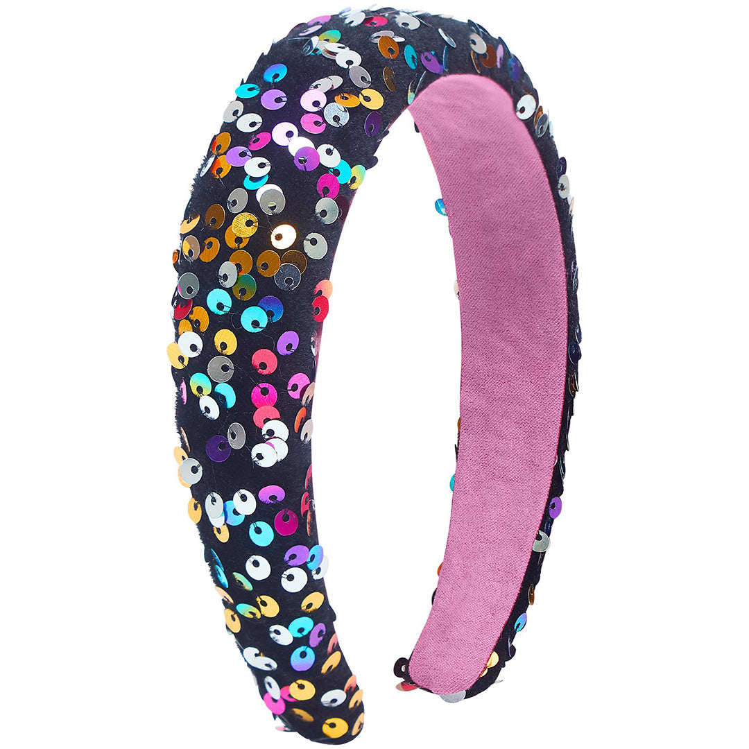mimi & lula kinder hoofdband met veelkleurige lovertjes en roze binnenkant.