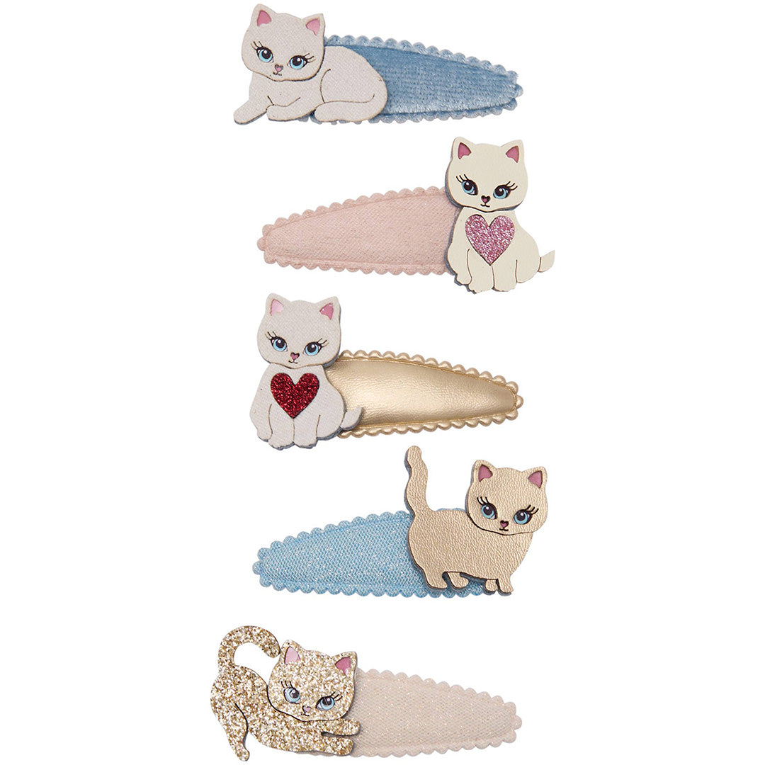 Vijf mimi & lula haarclipjes voor kinderen met verschillende kattenfiguren en glitters.