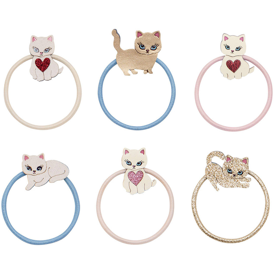 Zes mimi & lula haarelastiekjes met diverse kattenfiguren en gekleurde elastieken.