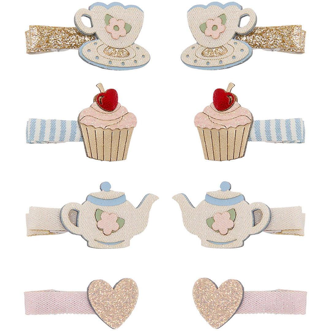 Acht mimi & lula haarclipjes voor kinderen met houten decoraties in het thema 'afternoon tea', waaronder theekopjes, theepotten, cupcakes en hartjes.