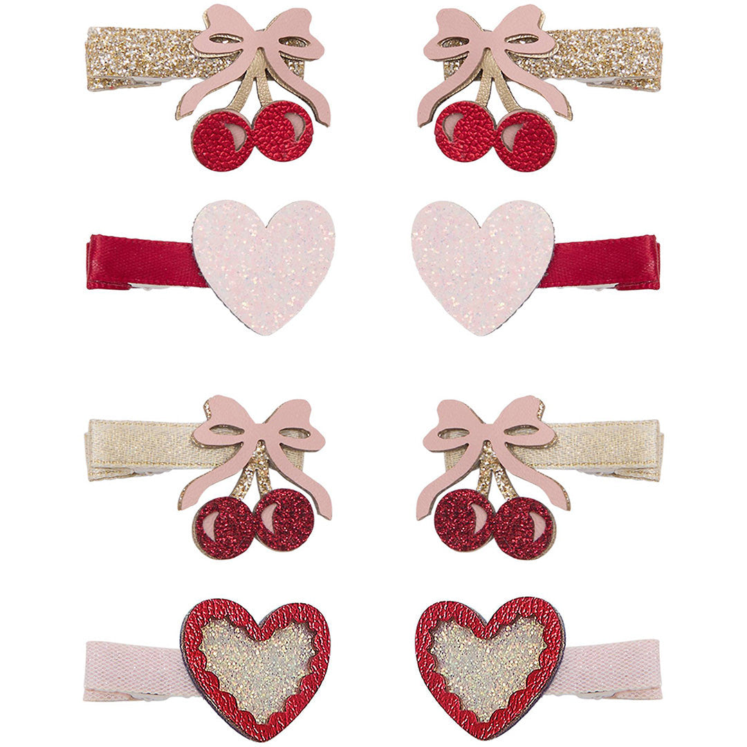 mimi & lula set van acht haarclipjes met kersen en harten in rood, roze en goud.