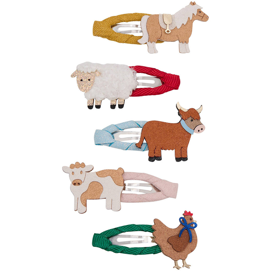 Vijf mimi & lula haarclipjes voor kinderen met boerderijdieren, waaronder een paard, schaap, koe, kalf en kip.
