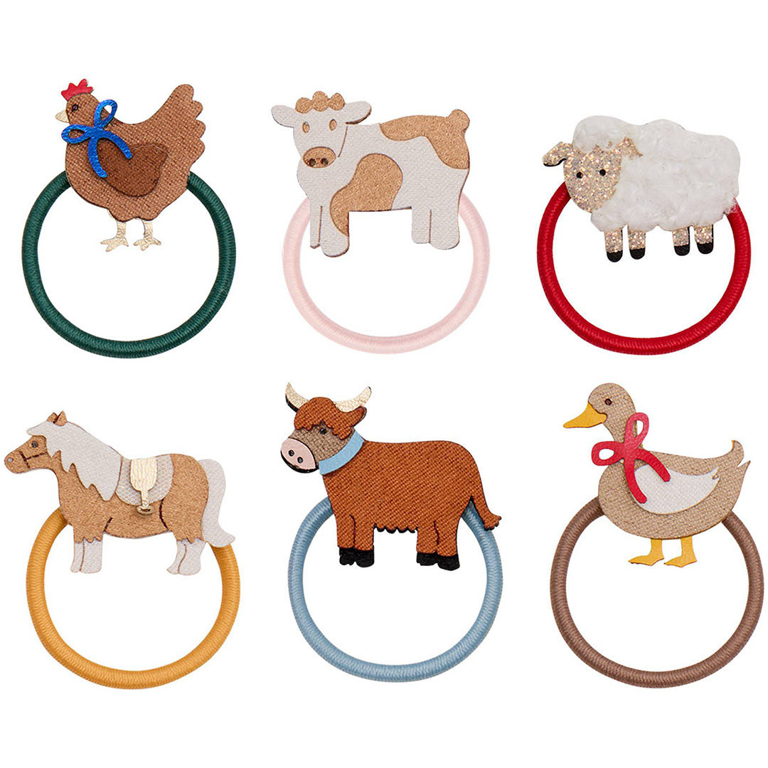 Zes mimi & lula haarelastiekjes voor kinderen met diverse boerderijdieren, waaronder een kip, koe en schaap.