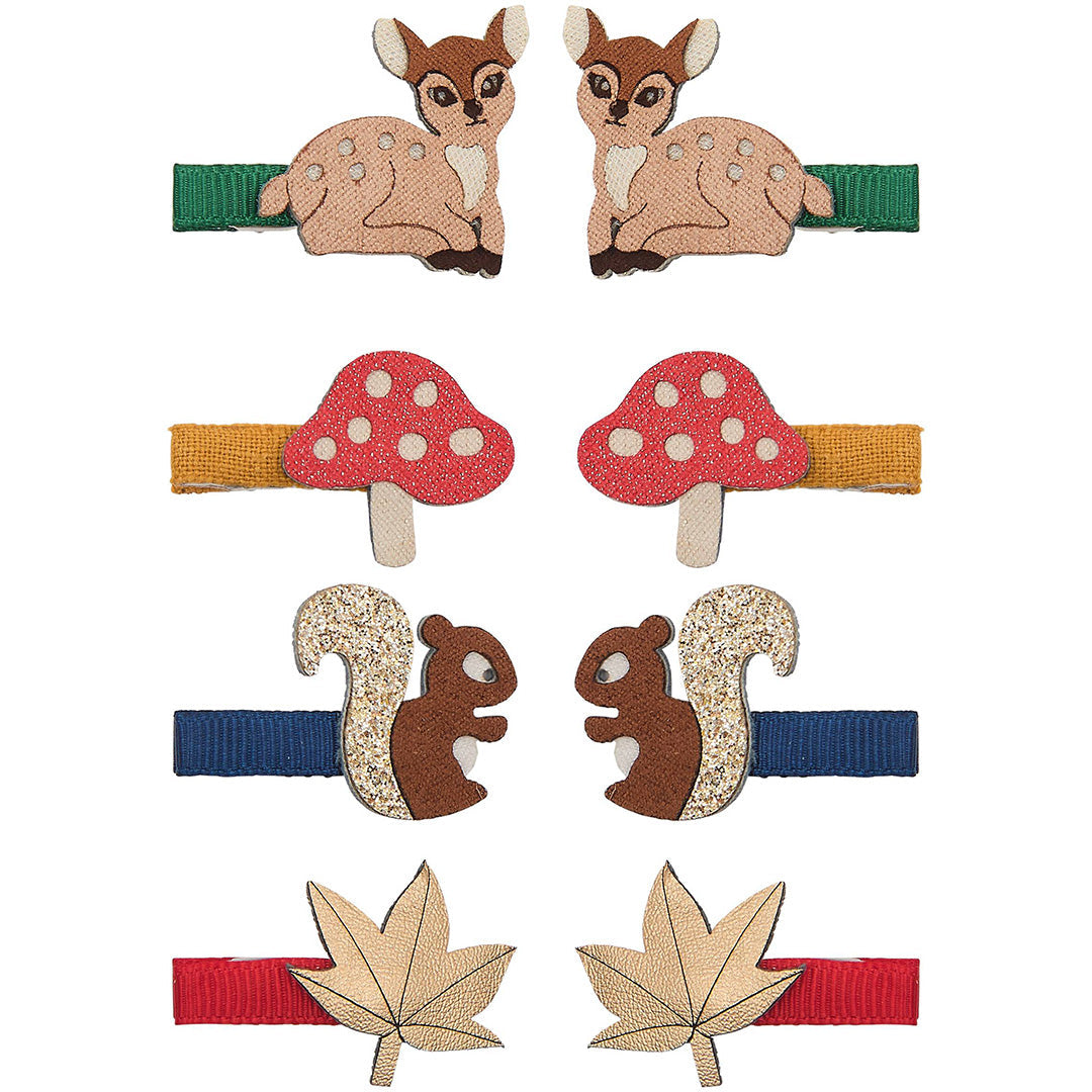 Mimi & Lula haarclipjes voor kinderen met een bos-thema, waaronder herten, paddenstoelen, eekhoorns en bladeren.