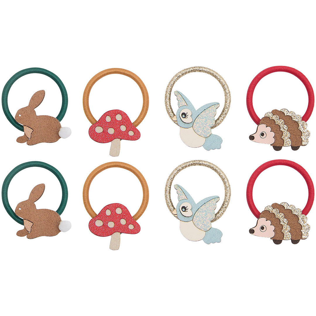 Acht mimi & lula haarelastiekjes voor kinderen met vilten figuren van konijnen, paddenstoelen, vogels en egels.