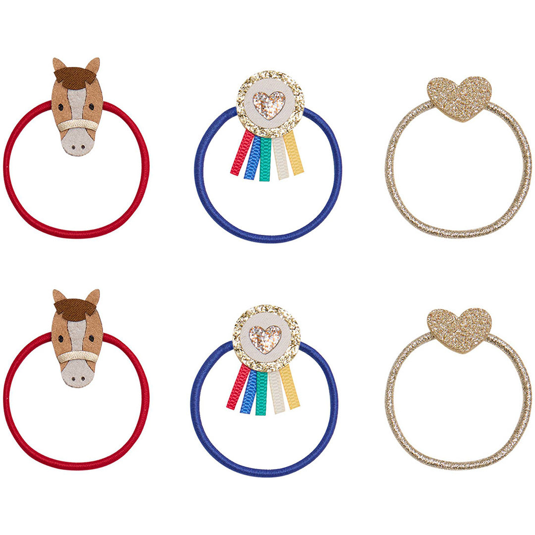Zes mimi & lula haarelastiekjes voor kinderen, met paardenhoofden, rozetten en glitterharten.