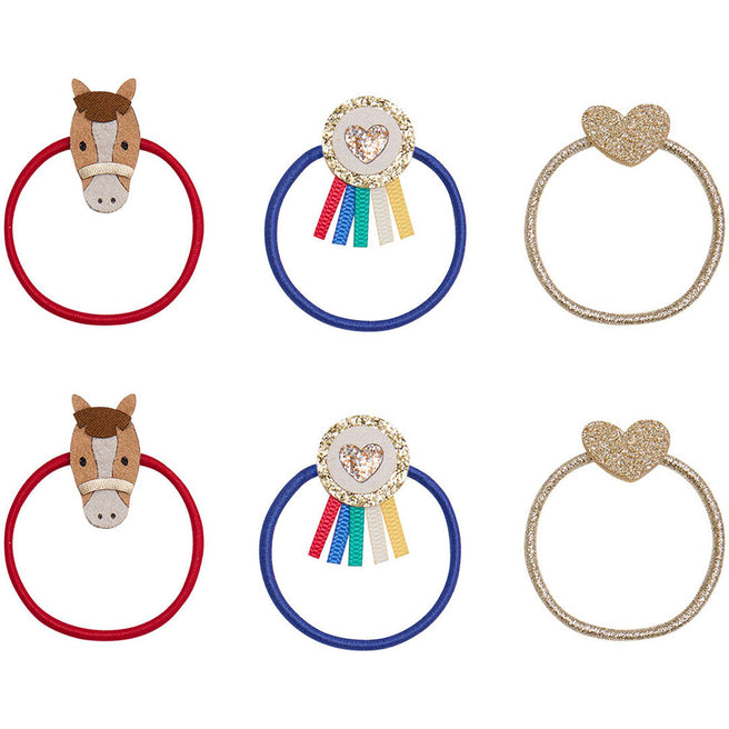 Zes mimi & lula haarelastiekjes voor kinderen, met paardenhoofden, rozetten en glitterharten.