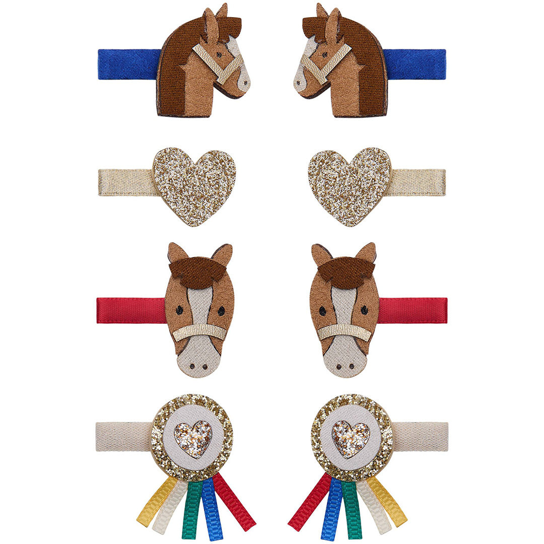 Mimi & Lula set van 8 haarclipjes met paardenhoofden, glitterharten en show pony rozetten.