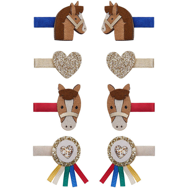 Mimi & Lula set van 8 haarclipjes met paardenhoofden, glitterharten en show pony rozetten.