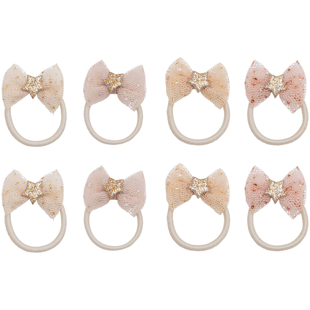 Acht mimi & lula mini tutu strik haarelastiekjes voor kinderen in beige en roze met sterren.