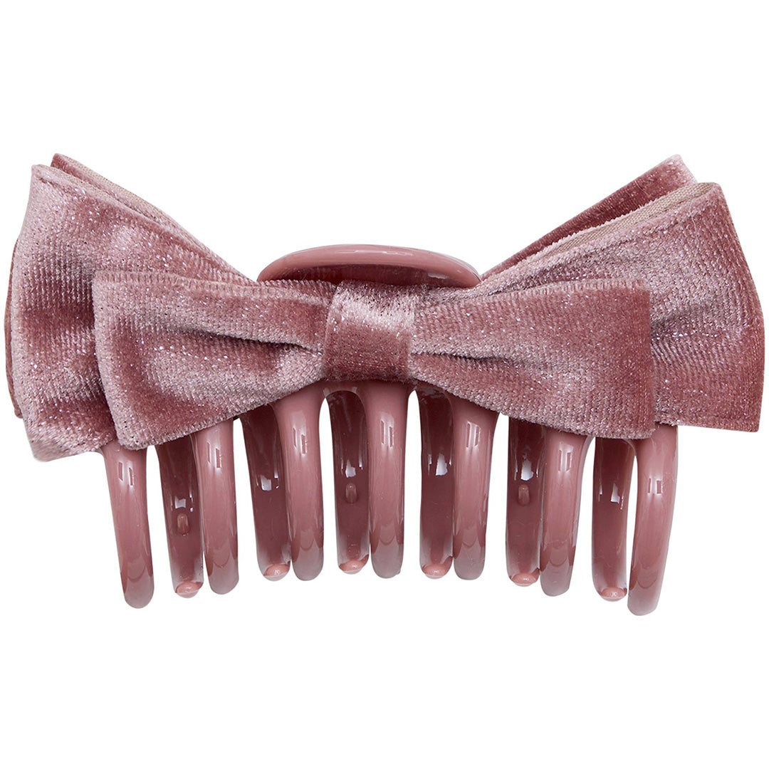 mimi & lula roze fluwelen strik haarclip voor kinderen, productfoto op witte achtergrond.