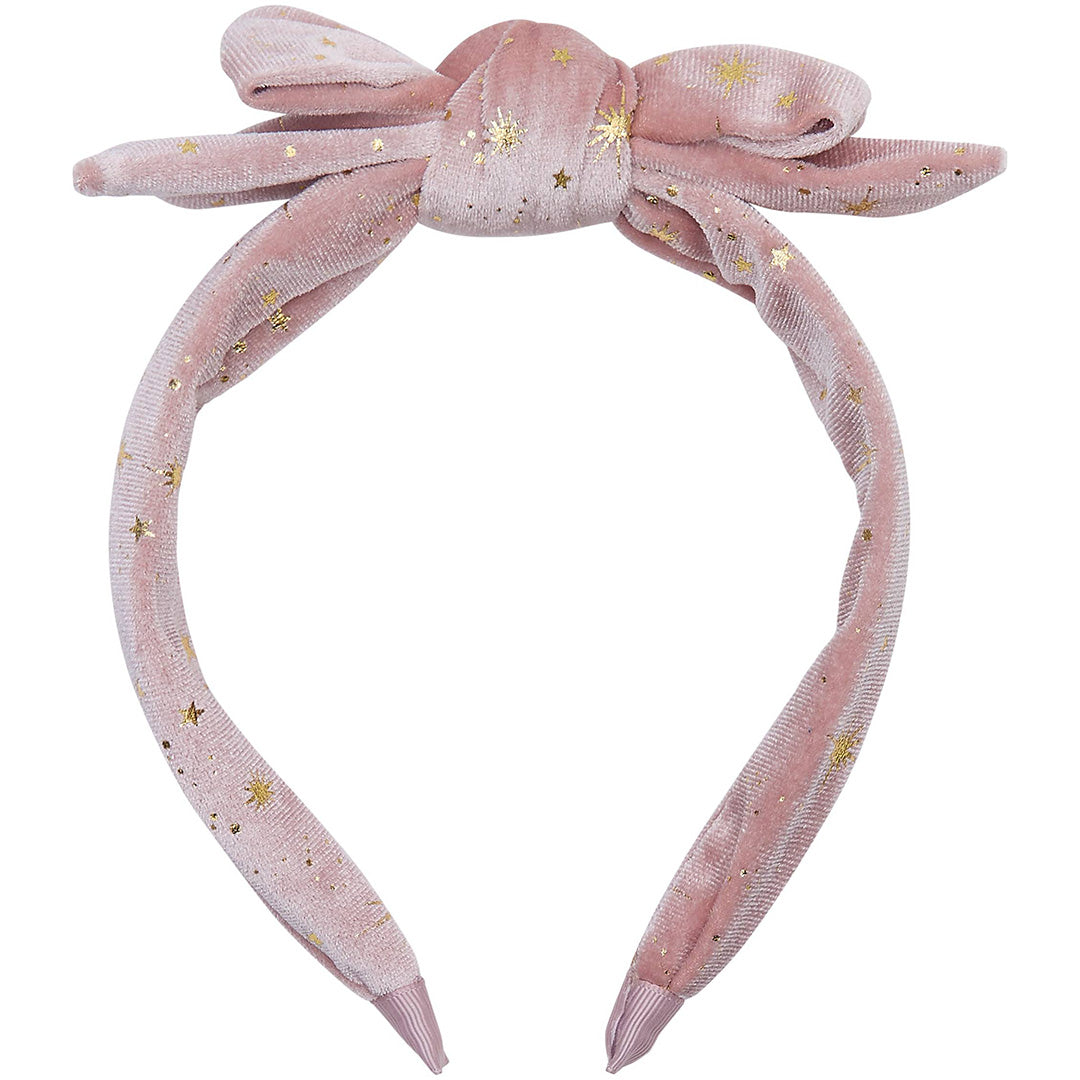 mimi & lula roze fluwelen diadeem voor kinderen met gouden sterren en een strik.