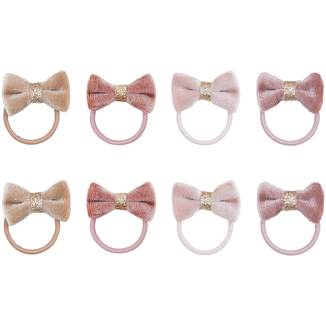 Mimi & Lula set van acht fluwelen haarelastiekjes voor kinderen met strikjes in beige en roze met glitter.