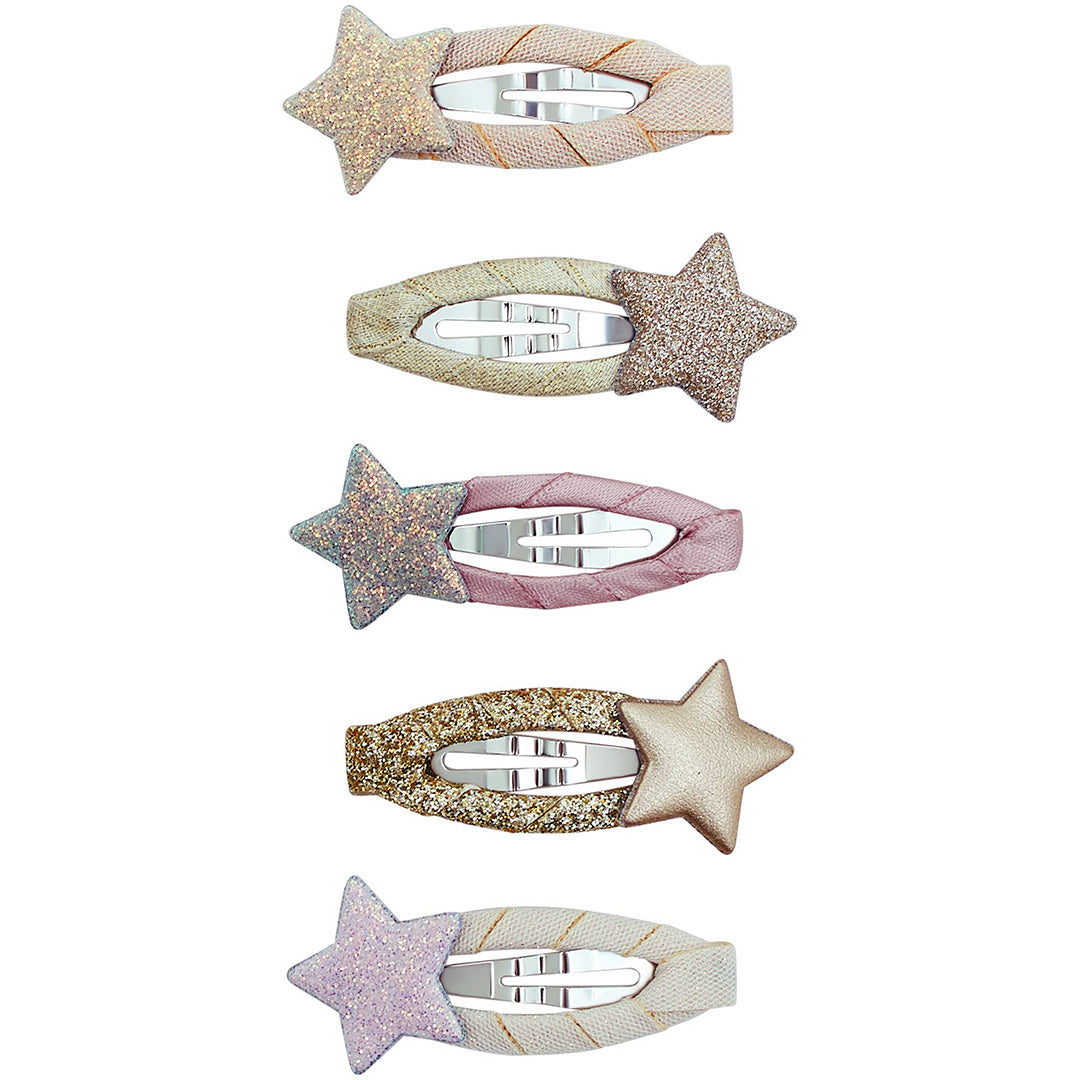 Mimi & Lula set van vijf haarclipjes voor kinderen, elk met een glitterster en gevlochten stof.
