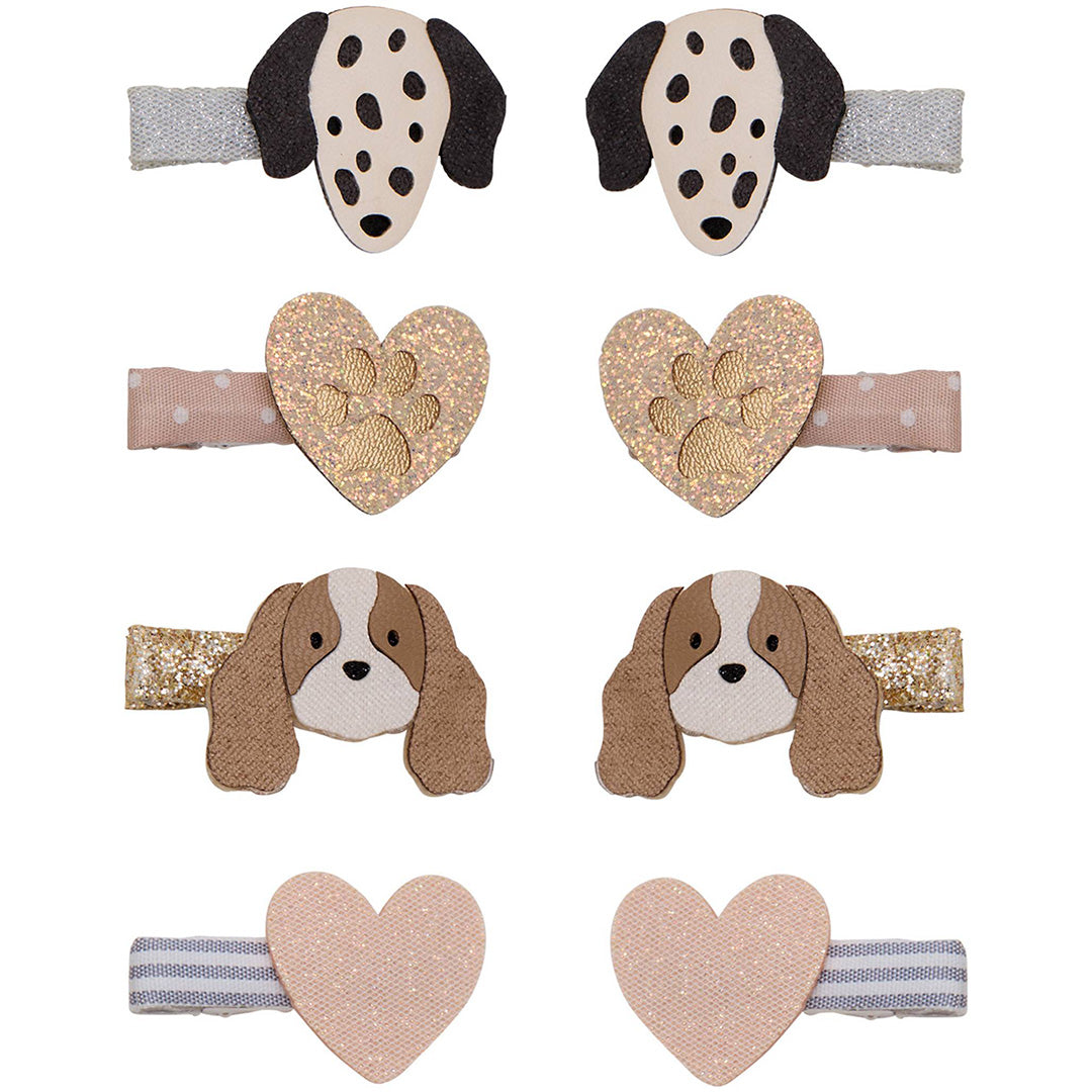 Acht mimi & lula kinderhaarclipjes met puppy- en hartjesmotieven, waaronder dalmatiër- en spaniëlhoofdjes.
