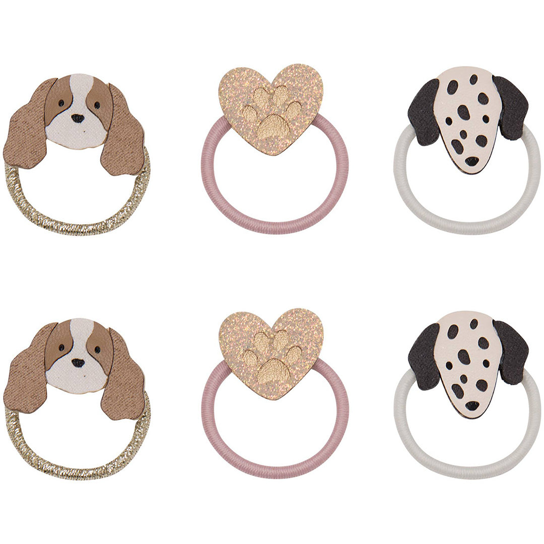 Zes mimi & lula haarelastiekjes met puppygezichten en glitterende hartjes met pootafdrukken.