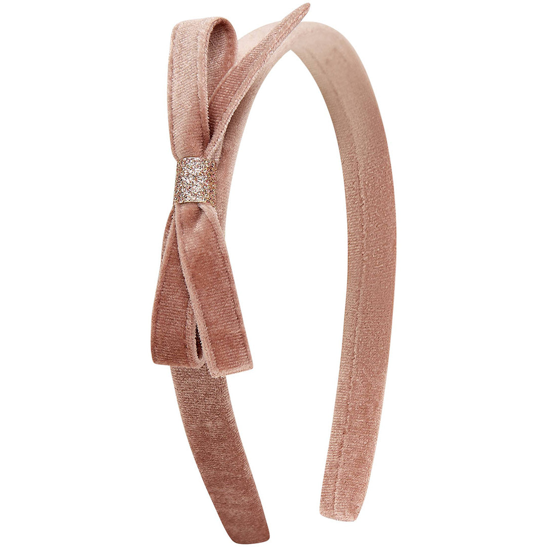 Mimi & Lula roze fluwelen kinderhaarband met strik en glitterdetail.