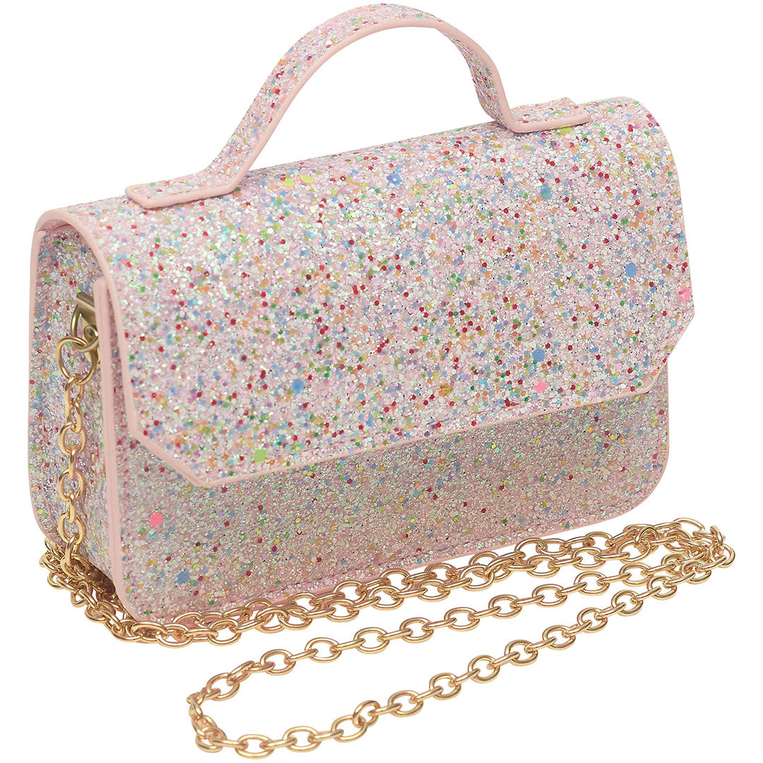 Mimi & Lula roze glitter schoudertasje met handvat en gouden ketting.