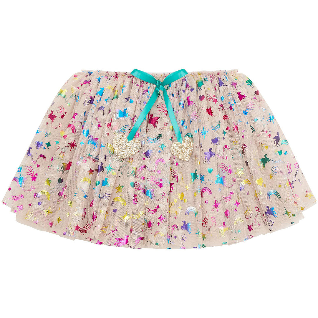 mimi & lula kinder verkleedrok van gaas met veelkleurige sterren, regenbogen en eenhoorns, gestrikt met een turquoise lint.