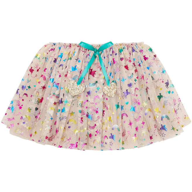 mimi & lula kinder verkleedrok van gaas met veelkleurige sterren, regenbogen en eenhoorns, gestrikt met een turquoise lint.