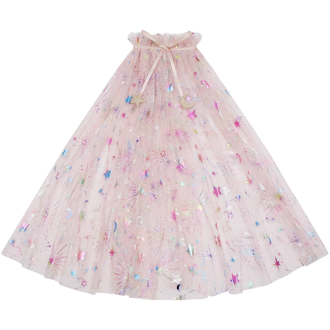 mimi & lula roze verkleedcape met sterren en manen, plat gelegd.