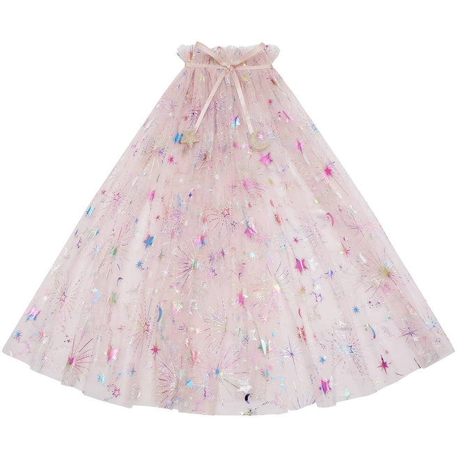 mimi & lula roze verkleedcape met sterren en manen, plat gelegd.