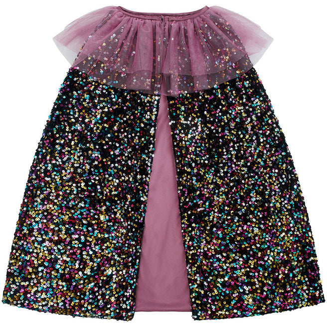 Mimi & Lula verkleedcape met kleurrijke pailletten en roze tule kraag, plat gefotografeerd.