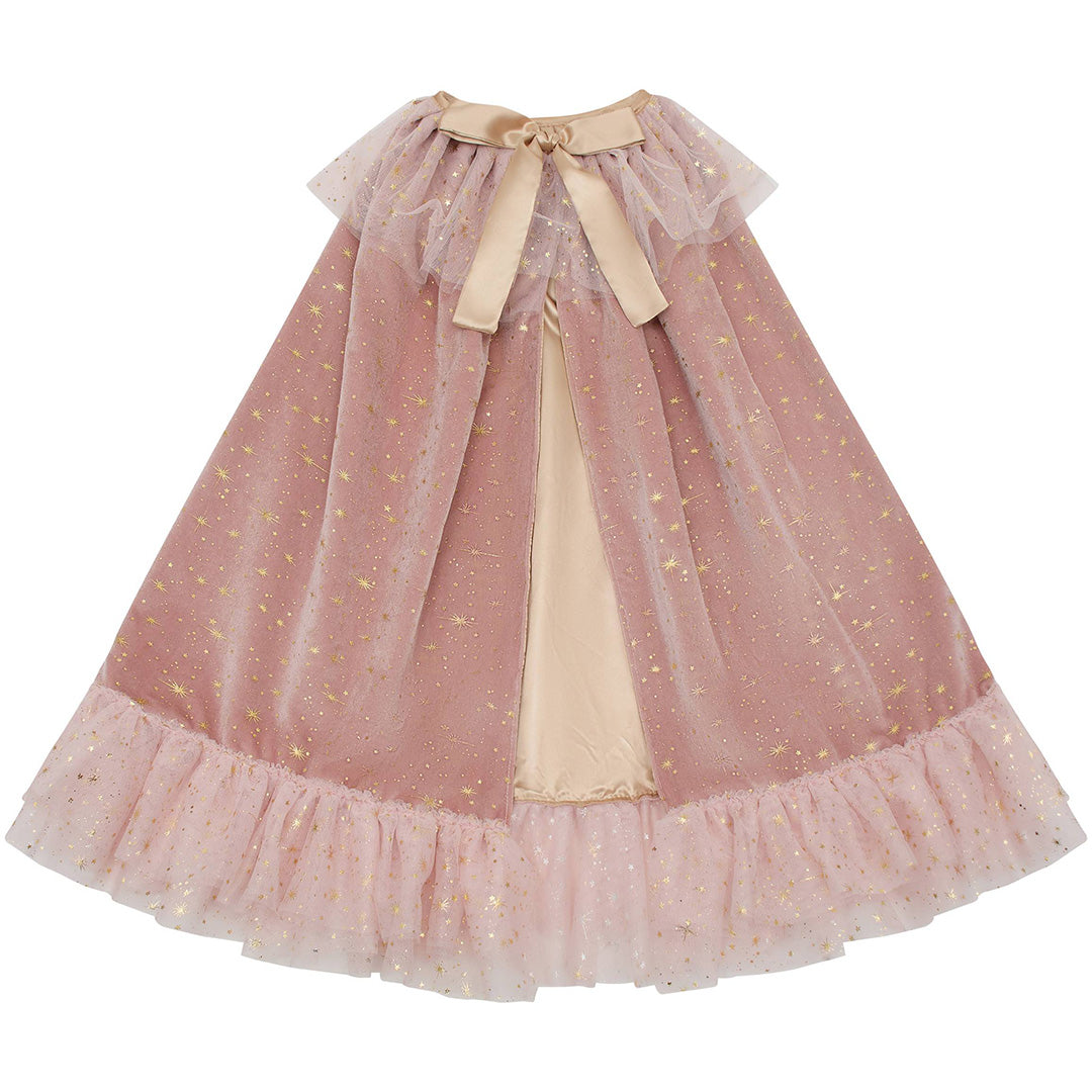 Mimi & Lula roze verkleedcape met gouden sterren, ruches en een strik, plat gefotografeerd.