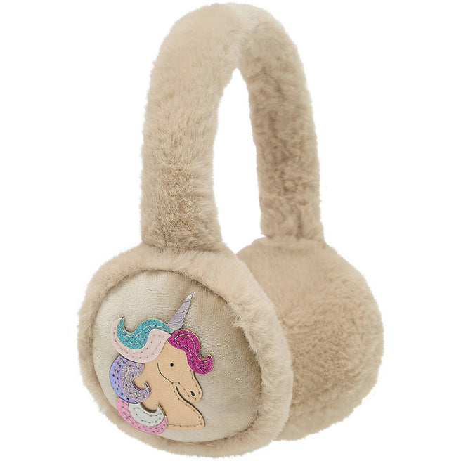 mimi & lula beige kinder oorwarmers van pluche met een eenhoornfiguur.